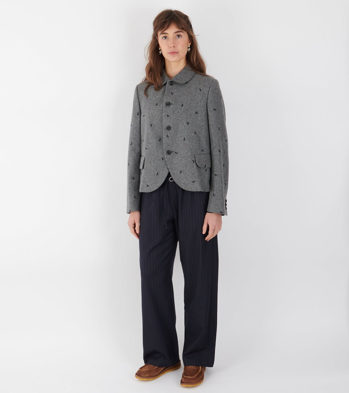 Embroidered Round Collar Jacket Grey