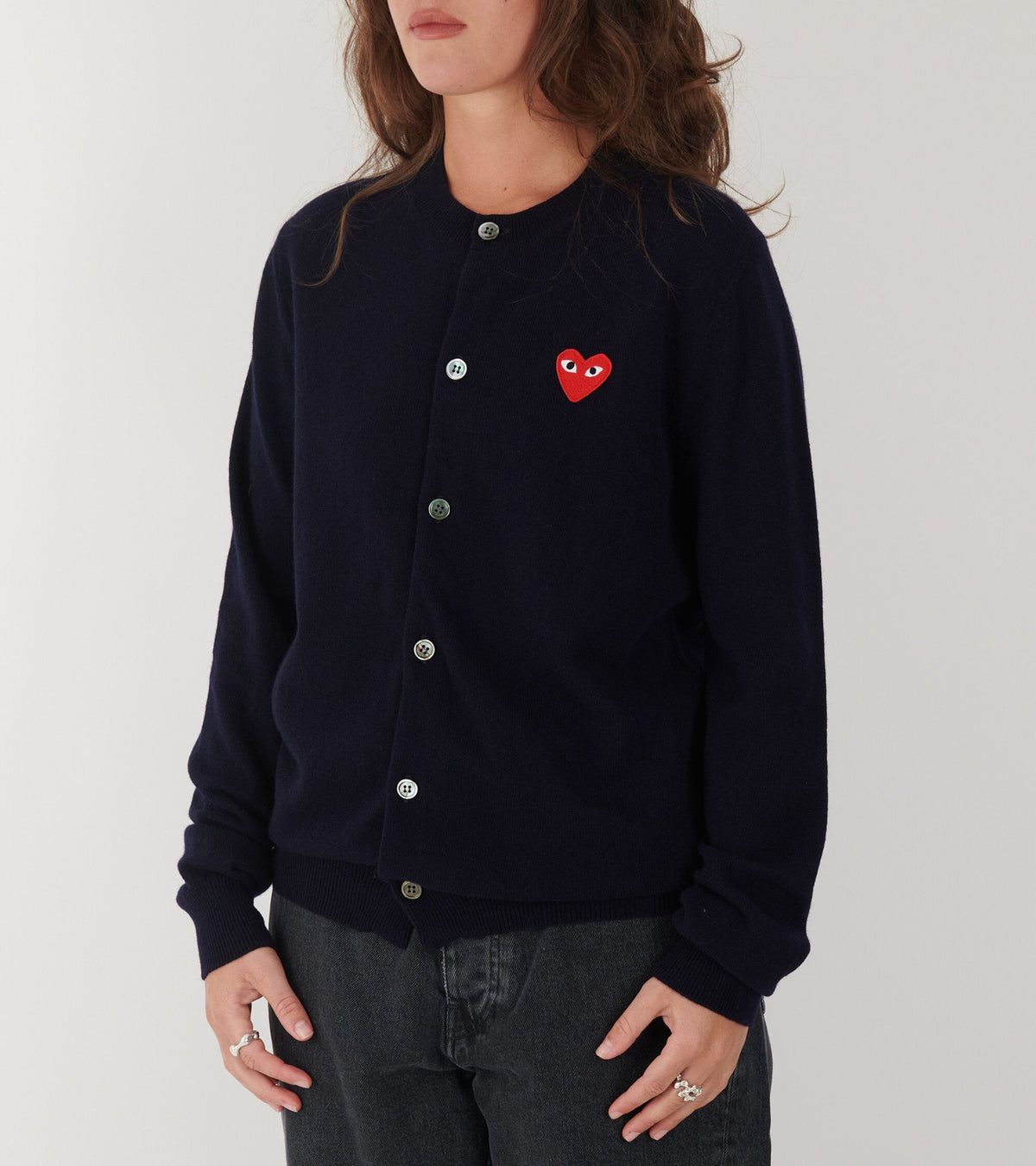 U Red Heart Round Neck Cardigan Navy