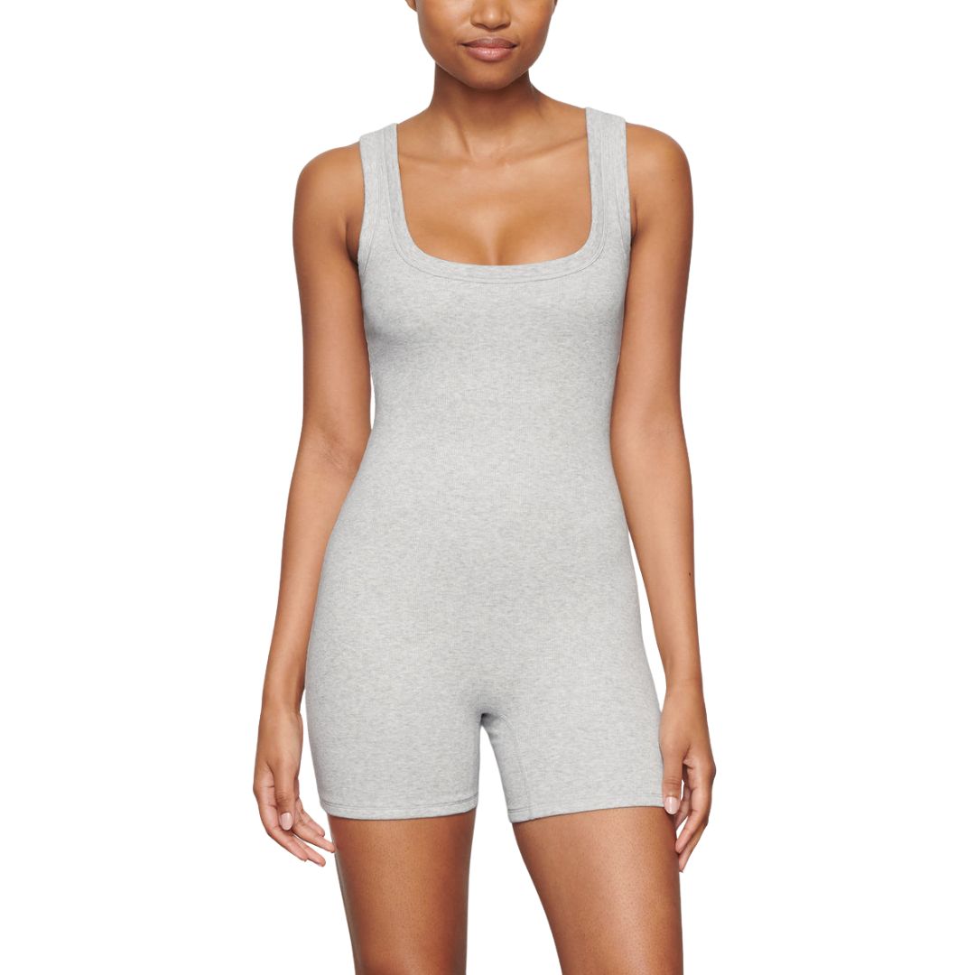 SKIMS MID-THIGH BODY SUIT LIGHT HEATHER GREY