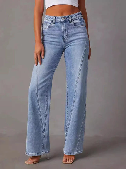 Women's Fashion High-Waisted Stretch Straight Leg Jeans with Front Seam Detail