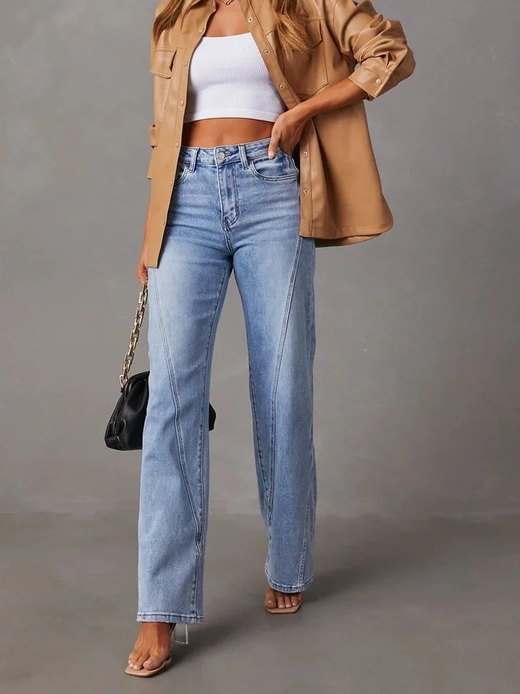 Women's Fashion High-Waisted Stretch Straight Leg Jeans with Front Seam Detail