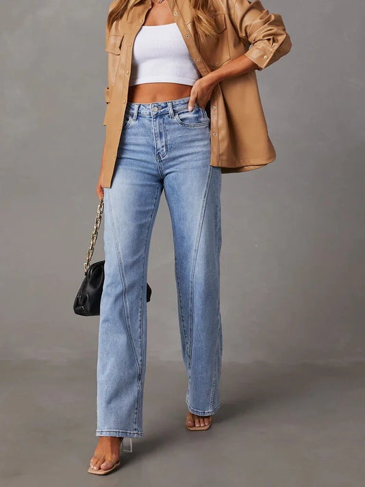 Women's Fashion High-Waisted Stretch Straight Leg Jeans with Front Seam Detail