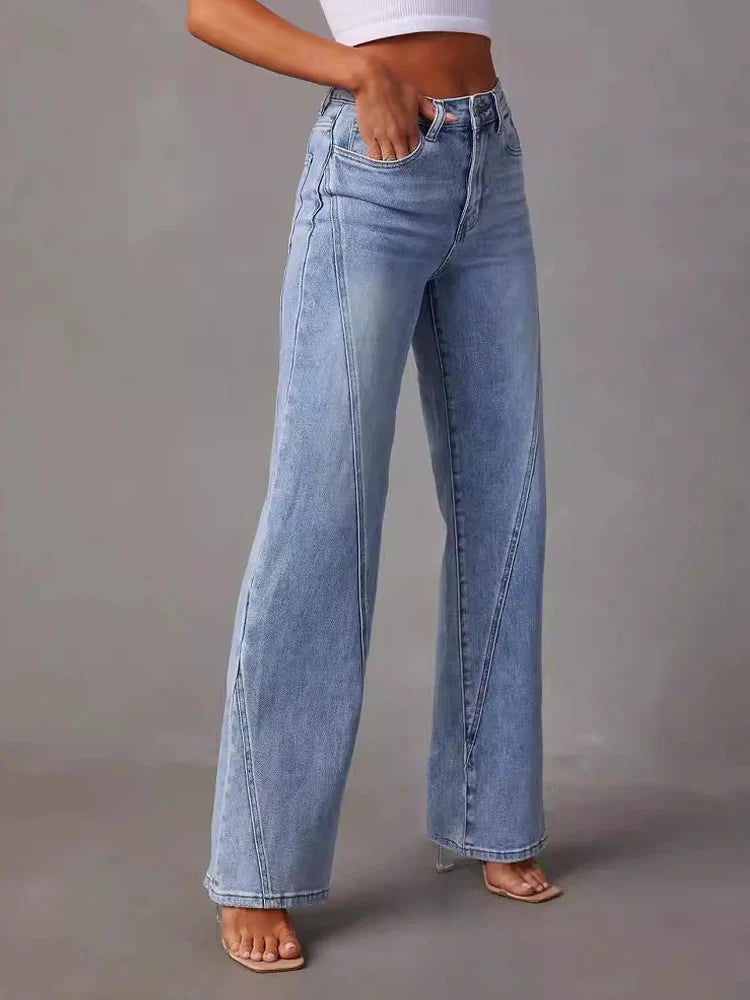 Women's Fashion High-Waisted Stretch Straight Leg Jeans with Front Seam Detail