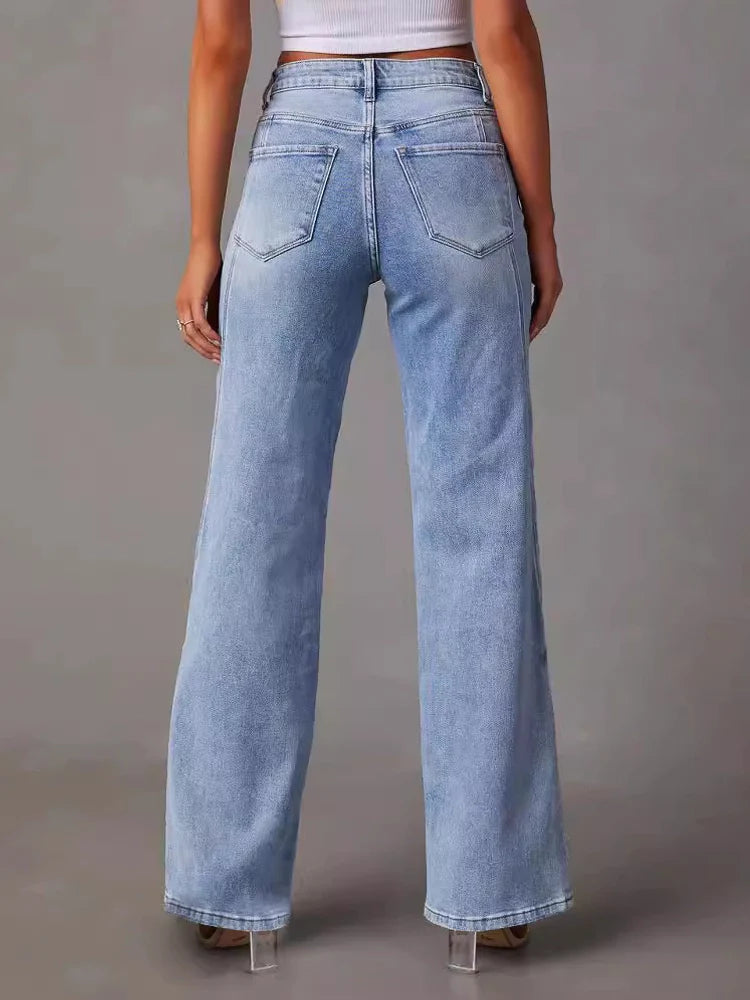 Women's Fashion High-Waisted Stretch Straight Leg Jeans with Front Seam Detail