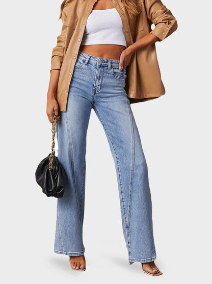 Women's Fashion High-Waisted Stretch Straight Leg Jeans with Front Seam Detail