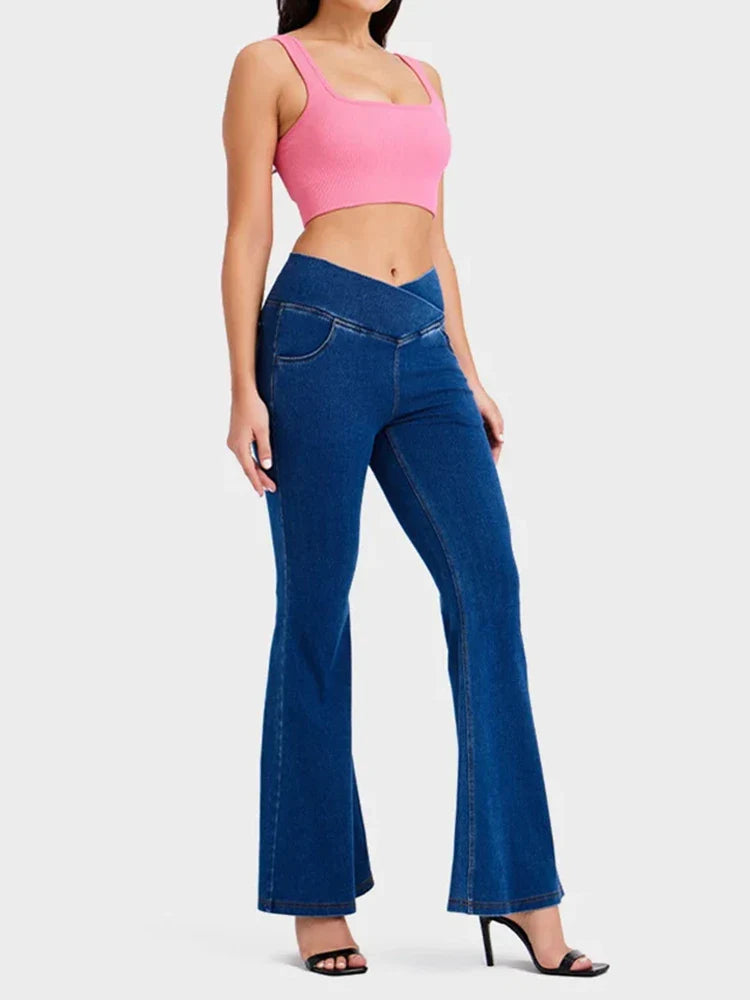 Crossover High Waisted Bell Bottom Jeans Yoga Pants Stretchy Flare Leggings With Pockets