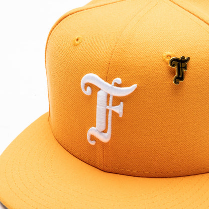 Feature x New Era Old English F Snapback Hat w/ Pin - Regular Gold