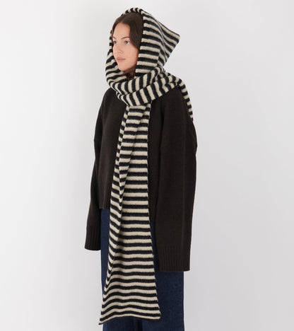 Striped Brushed Hood Scarf Black/Oatmeal