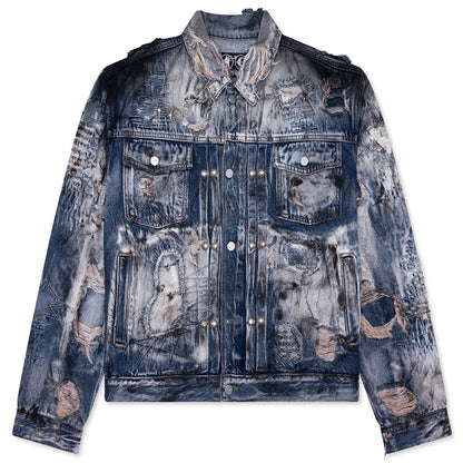 Hard-Washed Damaged Denim Jacket - Blue