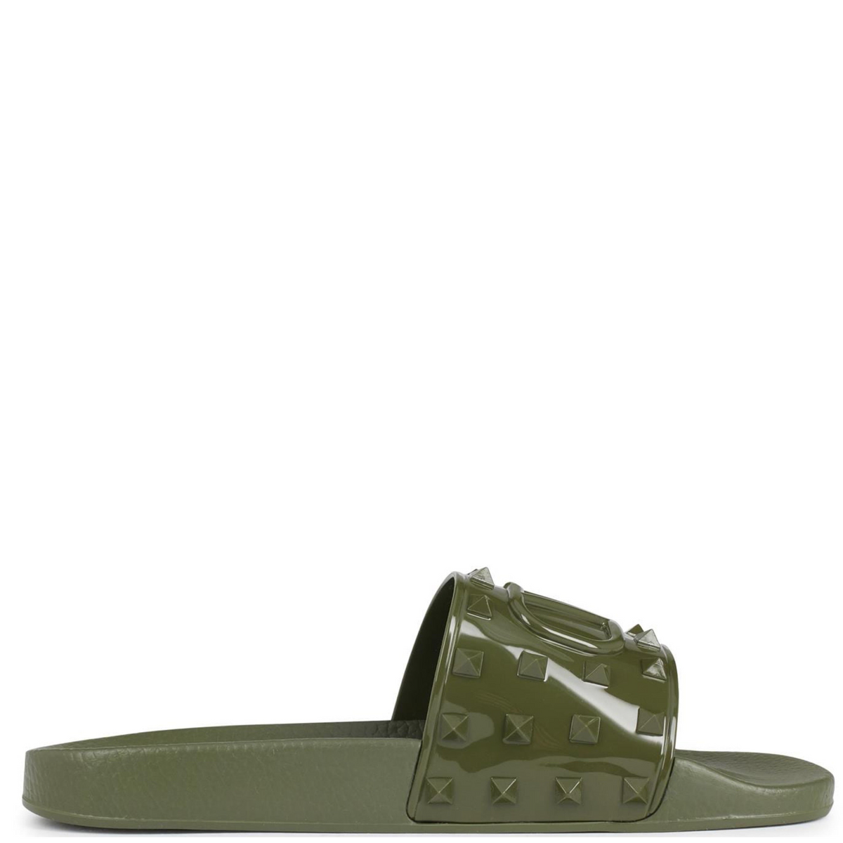 Valentino Khaki Logo Embossed Rubber Sliders