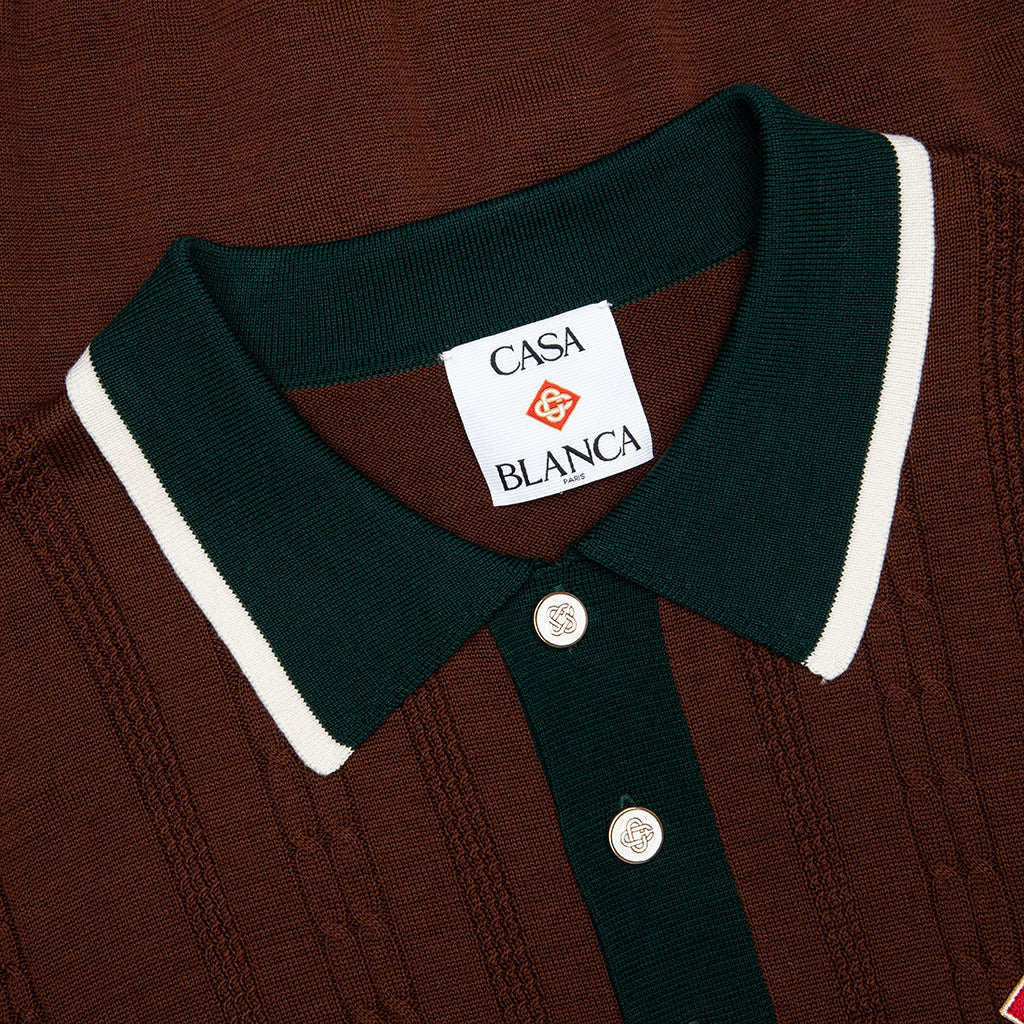 Cable Knit Oversized Polo Shirt - Dark Brown