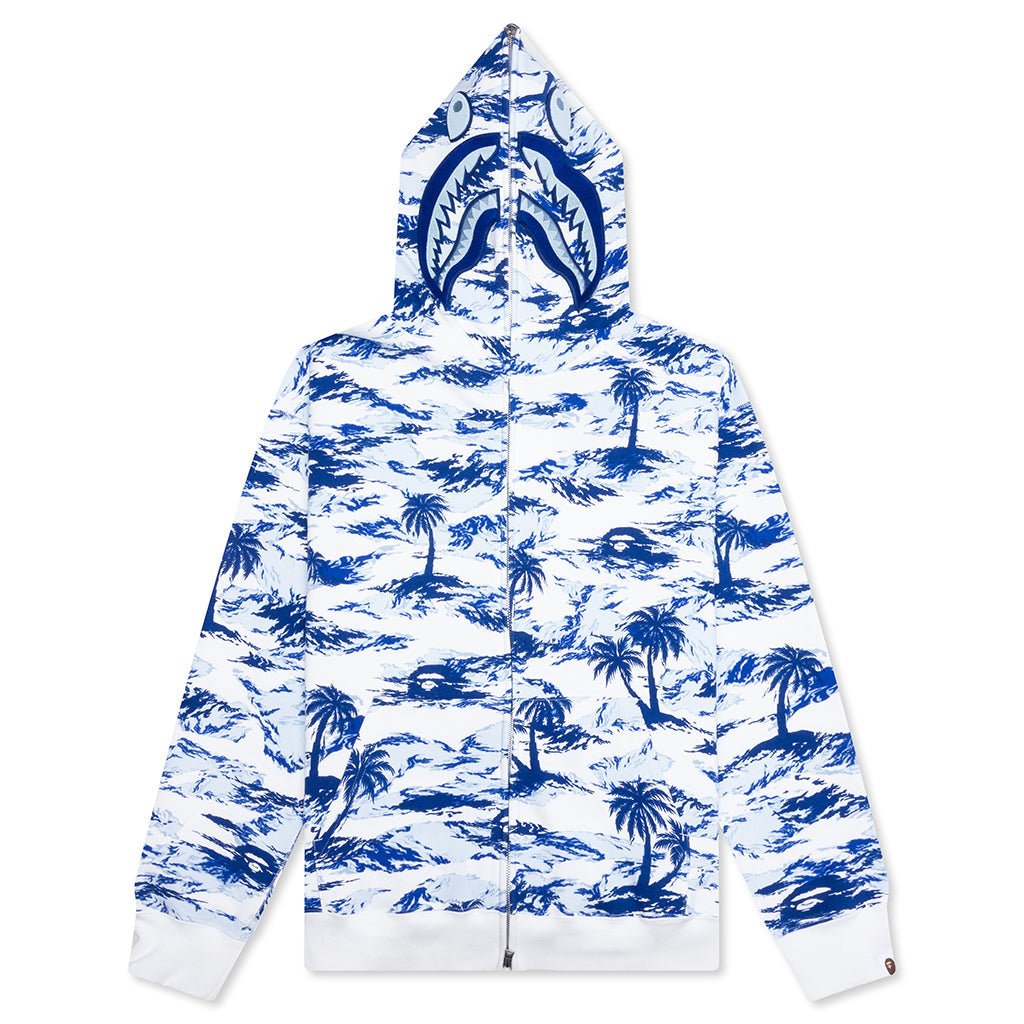 Palm Tree Camo Relaxed Fit Shark Full Zip Hoodie - Blue