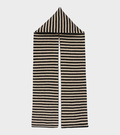 Striped Brushed Hood Scarf Black/Oatmeal