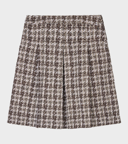 Bouclé Wool Full Length Pleated Skirt Burgundy Checkered