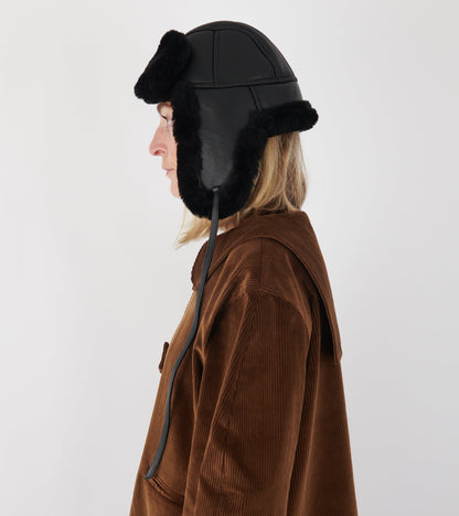 Leather Back Straight Hair Sheepskin Tapper Hat Black