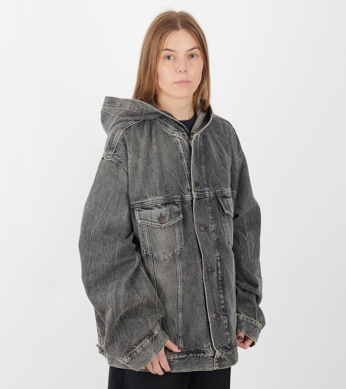 Hooded Denim Jacket Washed Black