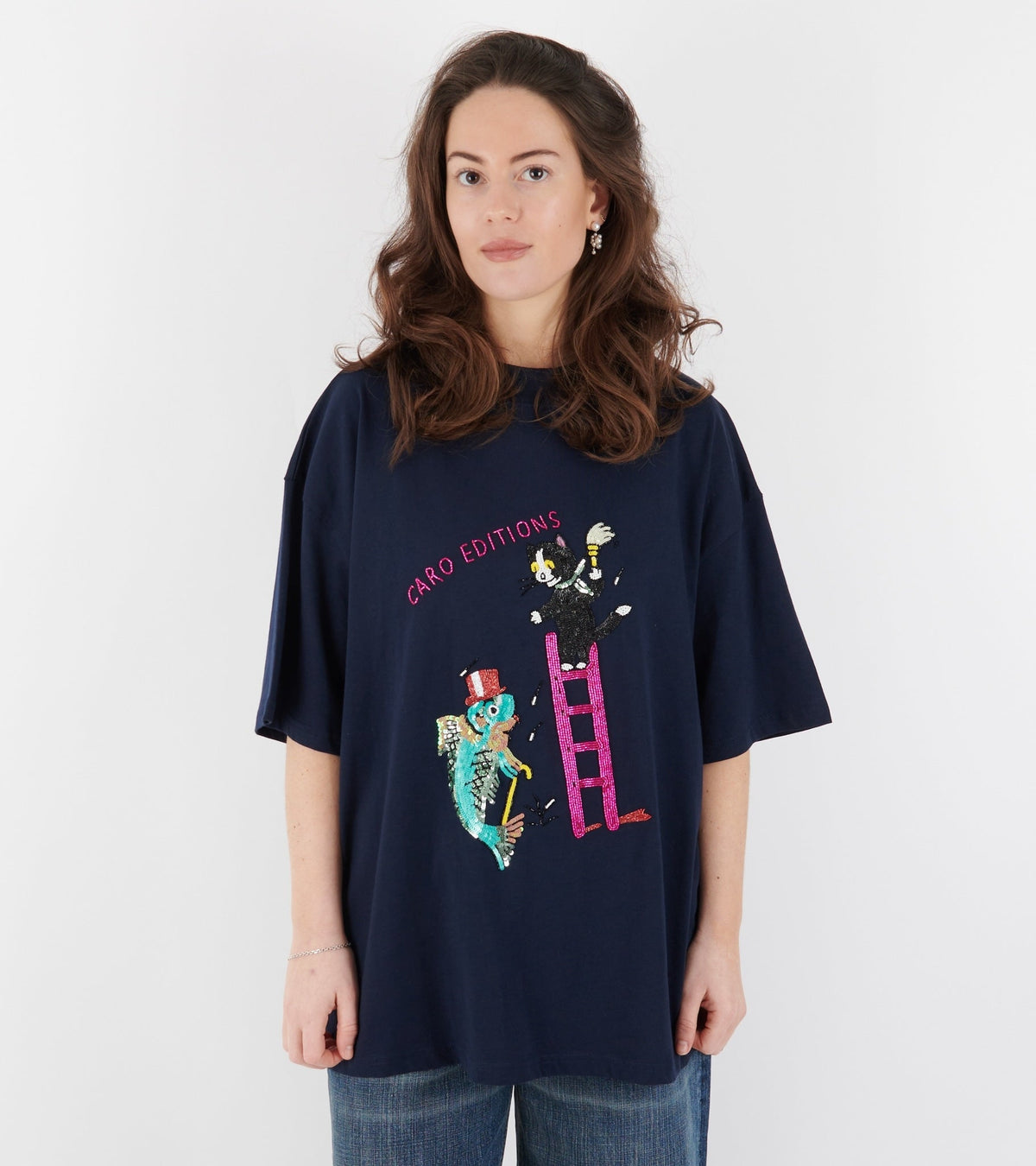 Freddie T-shirt Cat On Ladder Navy