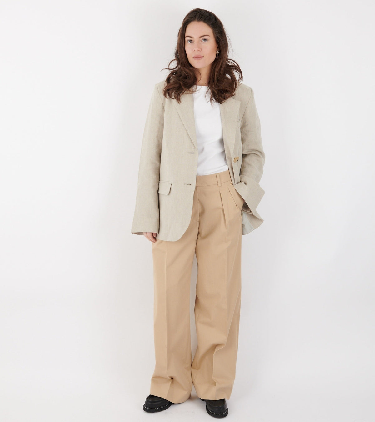 Cotton Wide-leg Tailored Trousers Beige