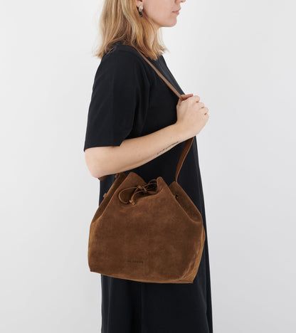 Full Grain Suede Leather Bucket Bag Militare Brown