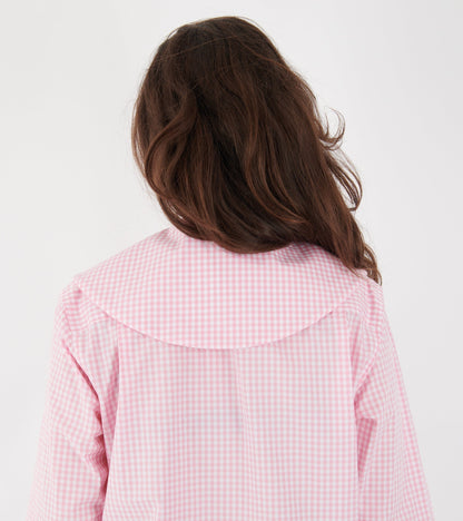 Big Round Collar Check Shirt Light Pink/White