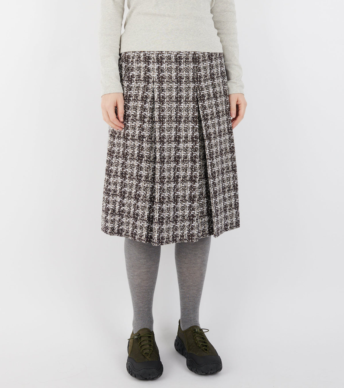 Bouclé Wool Full Length Pleated Skirt Burgundy Checkered