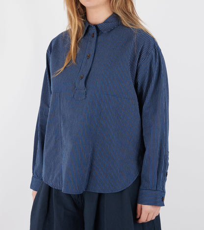 Railroad Stripe Popover Smock Shirt Denim Blue