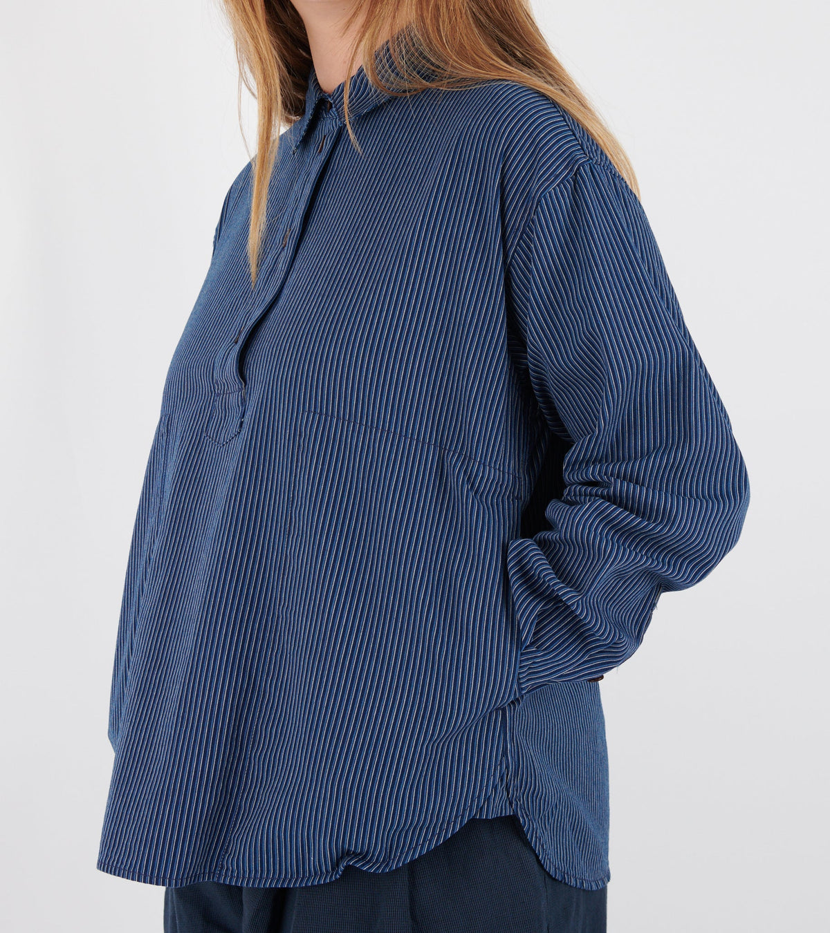 Railroad Stripe Popover Smock Shirt Denim Blue