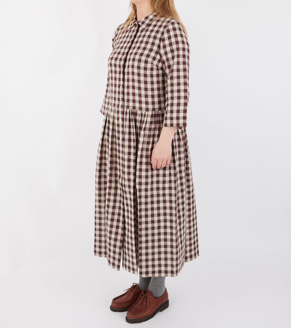 Check Linen Cotton Shirt Dress Dark Chocolate/Ecru