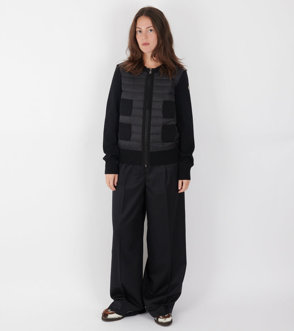 Padded Four Pockets Merino Wool Zip Up Cardigan Black