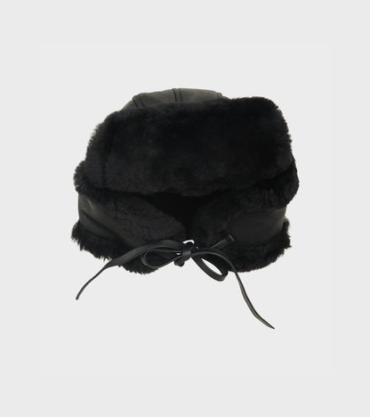 Leather Back Straight Hair Sheepskin Tapper Hat Black
