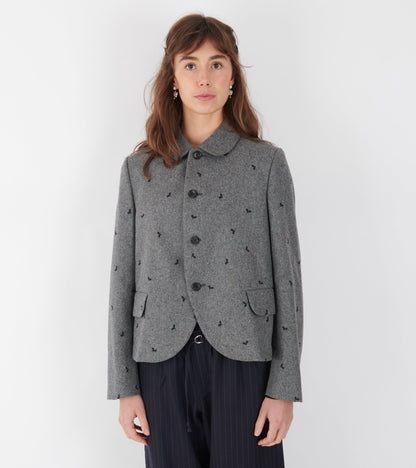 Embroidered Round Collar Jacket Grey