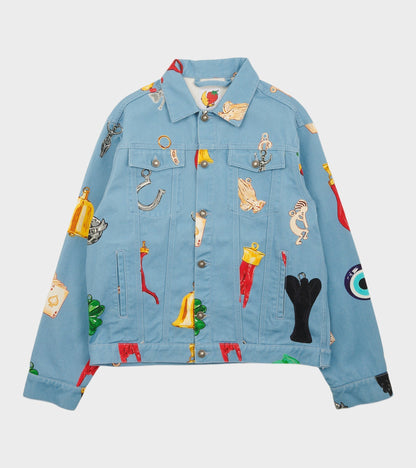 Charm Print Denim Jacket Light Blue